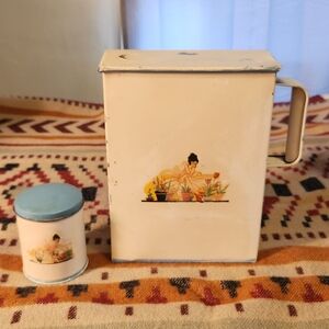 Nesco Gardening Lady Metal Storage Tin Rare Sliding Lid W Handle W Matching Tin